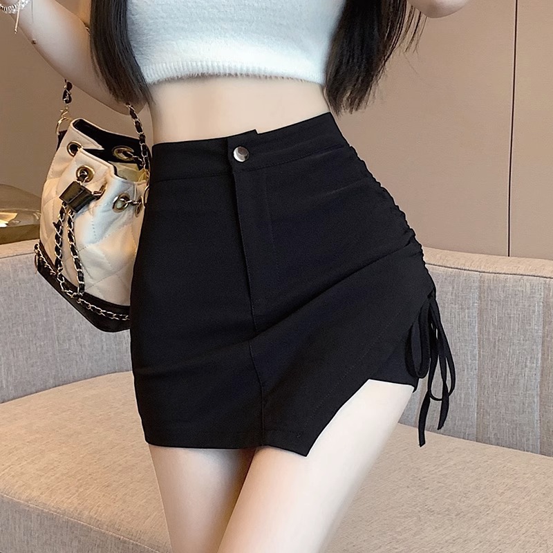 不规则抽绳黑色半身裙女夏季辣妹高腰a字西装裙气质显瘦包臀短裙
