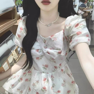 碎花连衣裙收腰显瘦少女初恋甜美气质仙女裙夏季 温柔风泡泡袖