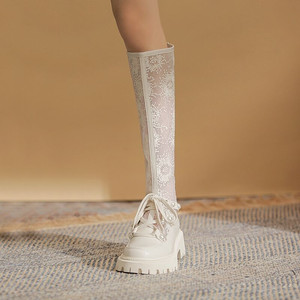 白色靴子女长靴透气骑士靴2022年夏季新款马丁靴网纱厚底长筒女靴