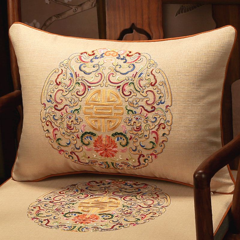 中式腰枕红木沙发棉麻刺绣靠垫套客厅长方形靠背垫护腰枕抱枕含芯