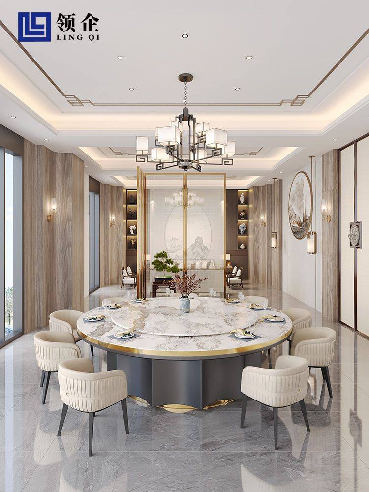 高档餐厅包间电动大圆桌酒店别墅餐桌椅包厢自动转盘岩板大餐桌