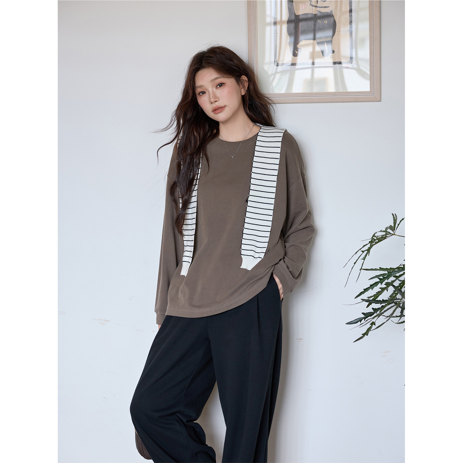 大码女装2025秋款薄绒双色打底衫女 长袖T恤纯色百搭休闲套头上衣