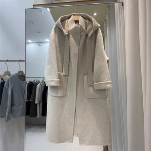 东大门韩系羊毛大衣女毛呢外套双面设计感长款连帽可脱卸女装