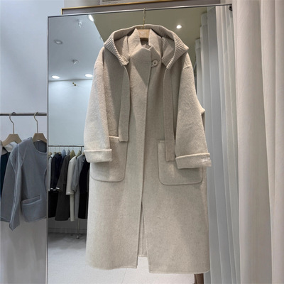 东大门韩系羊毛大衣女毛呢外套双面设计感长款连帽可脱卸女装