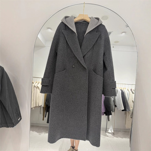 连帽假两件羊毛呢外套女长款2025冬季新款赫本风双面羊毛大衣女