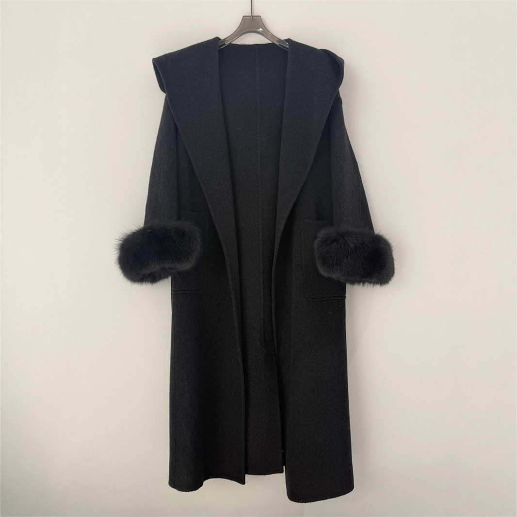 韩国东大门双面羊毛大衣大翻领系腰带加长款狐狸毛毛袖口羊毛呢