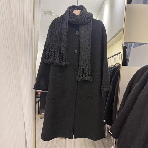 25年新款秋冬长款时尚轻奢气质双面羊绒羊毛呢大衣外套设计感围巾