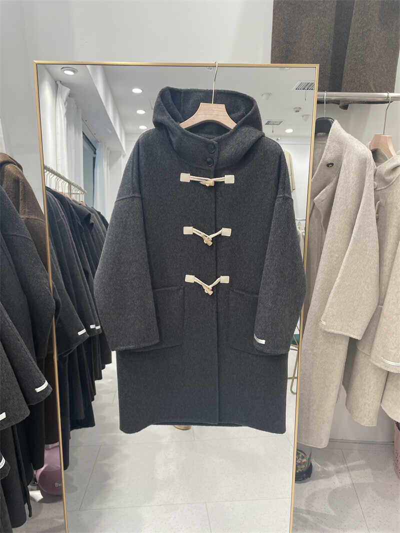 牛角扣大衣女2024冬新款中长款双面零羊绒大衣连帽小个子毛呢外套