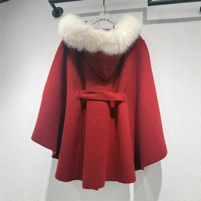 东大门名媛风针织呢法式蝙蝠袖斗篷大衣女装连帽设计感