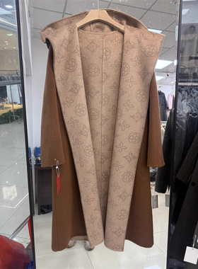 轻奢提花AB面大牌双面羊绒大衣女加长款浴袍连帽羊毛呢外套