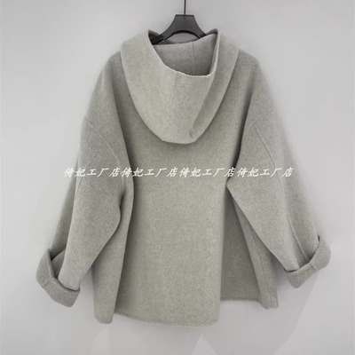 连帽秋冬呢子双面羊绒大衣外套