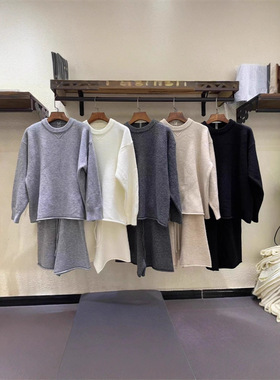 博主推荐爆款初秋宽松慵懒风圆领毛衣高腰短裤针织套装女韩系