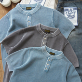 夏季 短袖 网格亨利领T恤宽松百搭男美式 沾酱 复古咔叽针织休闲半袖