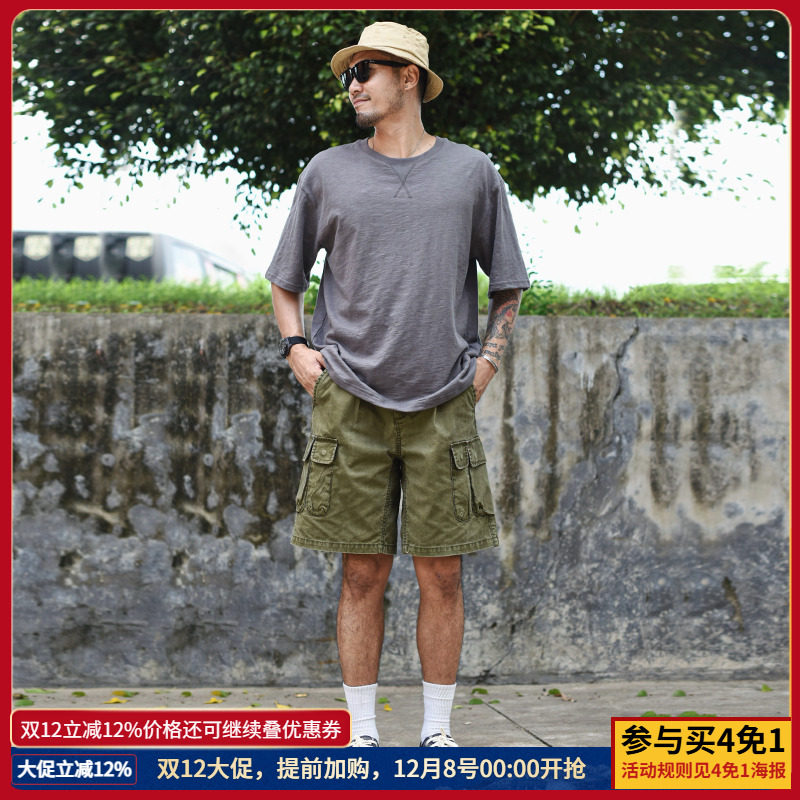 沾酱 工装多袋短裤 重水洗做旧 卡其裤 复古短裤美式复古阿美咔叽