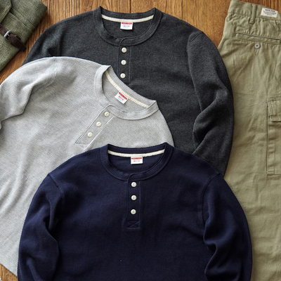 沾酱 华夫格亨利长袖男 纯棉 纯色休闲长袖圆领长袖T恤亨利衫咔叽