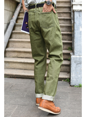 沾酱 新疆棉 赤耳OG107 硫化绿长裤男 古董织机丹宁 牛仔裤男咔叽