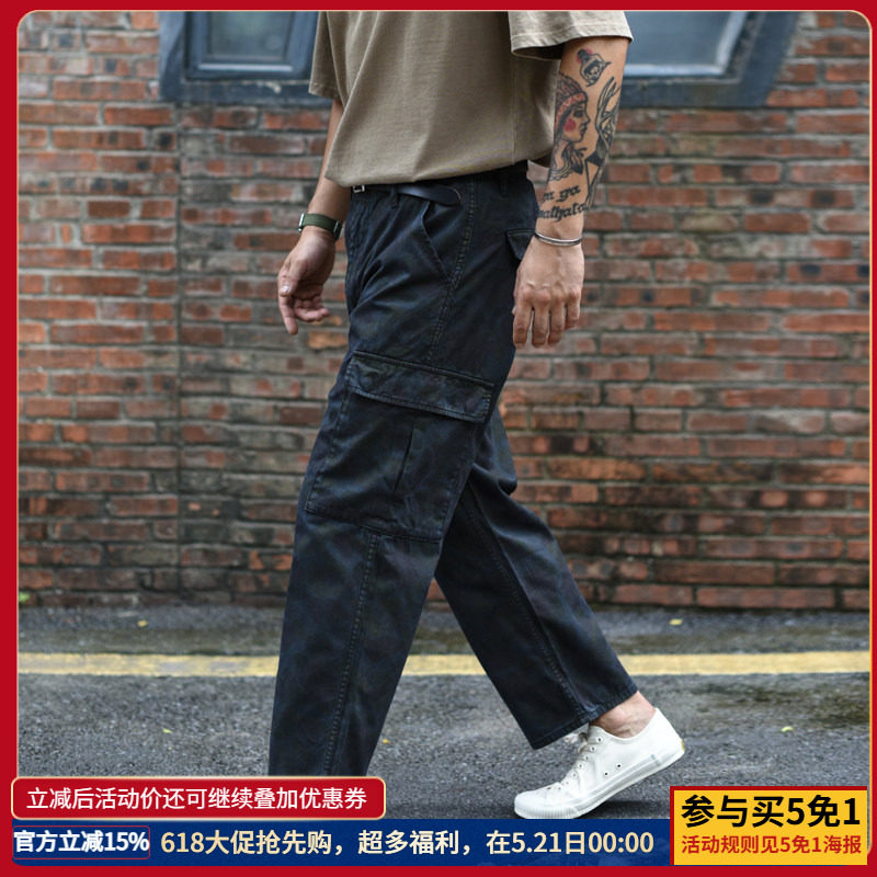沾酱 猎鸭迷彩黑色系九分裤子宽松休闲男美式复古 夏季男工装咔叽