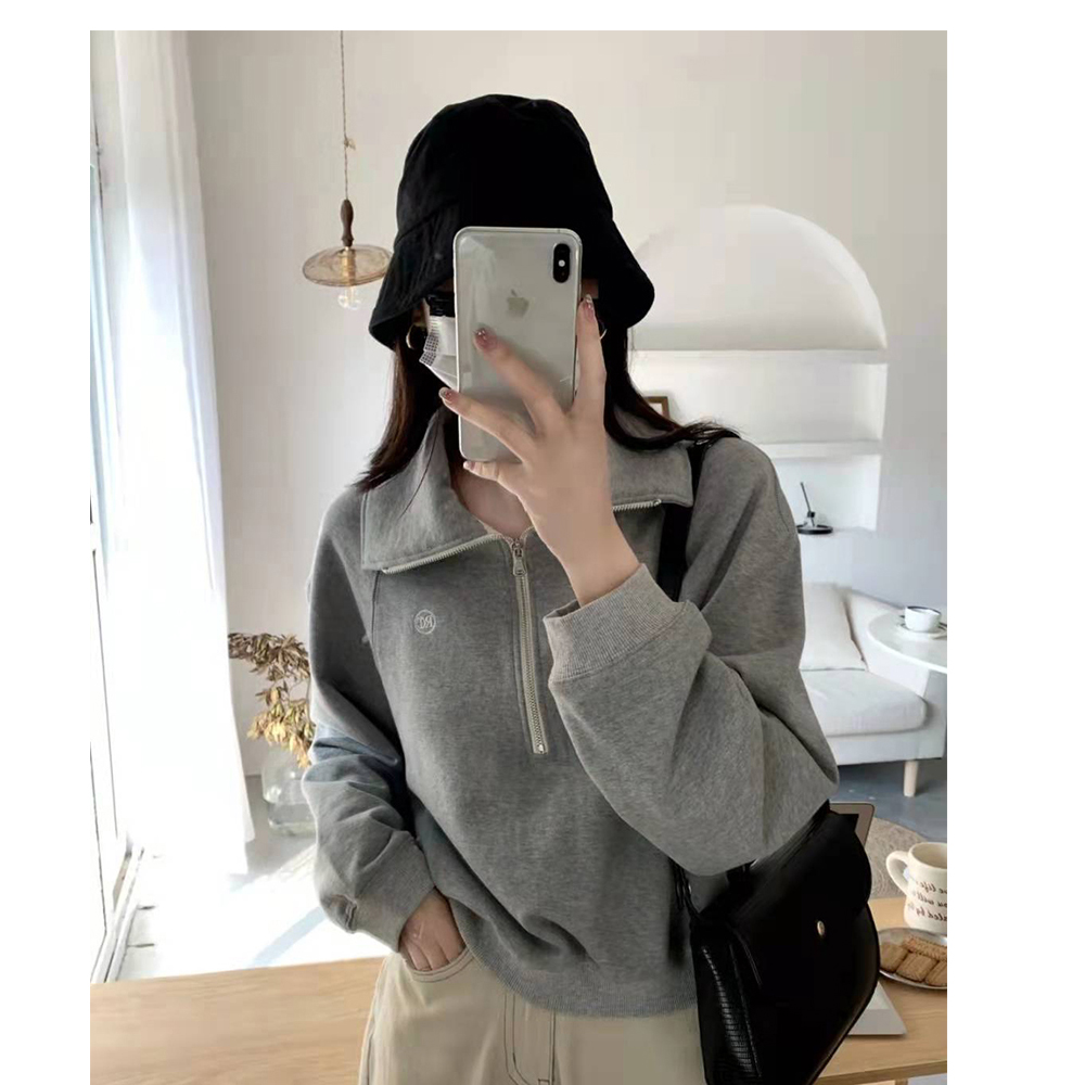 爆款国内现货董洁同款RECTO拉链翻领简约宽松短款毛圈卫衣