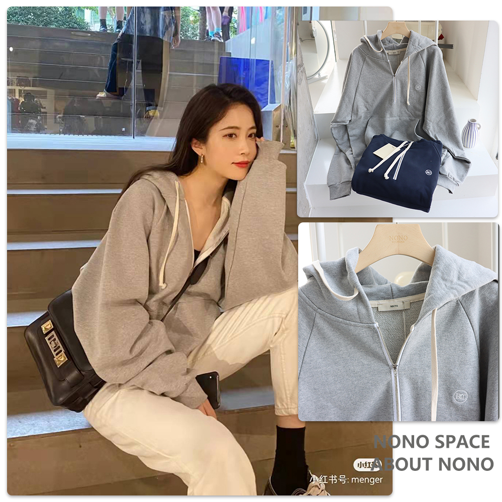 补货现货韩国RECTO刺绣小logo拉链连帽抽绳口袋简约宽松毛圈卫衣