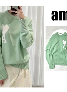 国内现货2024冬季AMI大爱心logo慵懒风宽松圆领套头毛衣针织衫