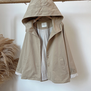 2026春装新款宽松显瘦休闲工装条纹内衬纯棉连帽短外套女装上衣