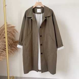 条纹内衬纯棉POLO领翻领长款 休闲大码 风衣外套女大衣 新款 2025秋装