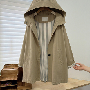 中长款 2026韩版 百搭长袖 新款 连帽风衣外套女 休闲纯色宽松上衣春季