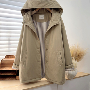 冬装新款中长款纯棉连帽夹棉加厚棉衣棉服休闲韩版宽松显瘦外套女