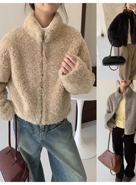 冬季绵羊羔毛立领皮毛一体短款外