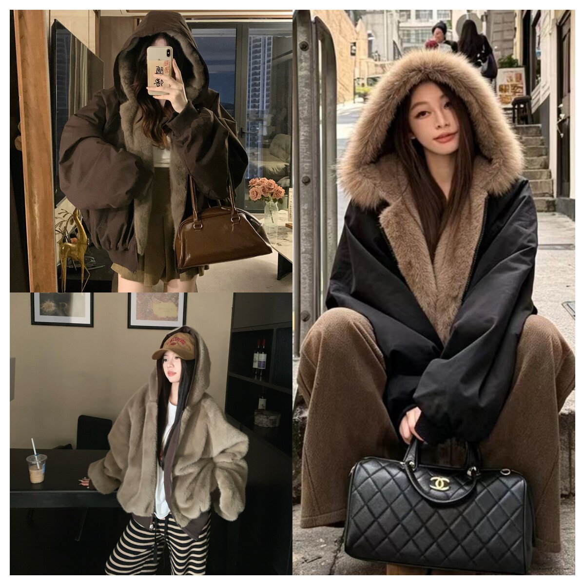 双面穿水洗貂毛连帽帆布棉服