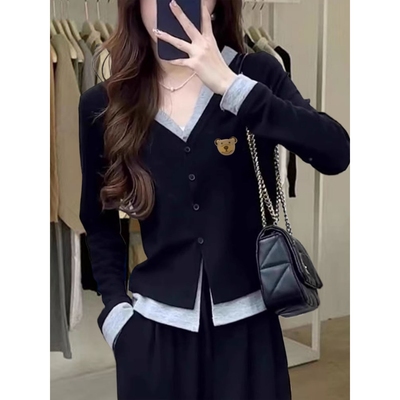 小众设计感假两件V领长袖T恤女时尚打底衫显瘦针织开衫上衣秋冬季