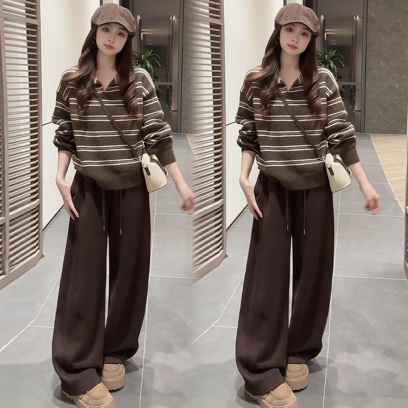 巨好看的早秋一整套女装2025新款宽松慵懒风条纹毛衣阔腿裤两件套