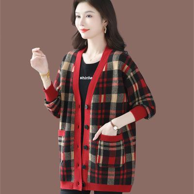 春秋2025新款格子拼色毛衣羊毛针织开衫外套女外搭披肩加厚上衣