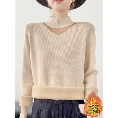 高级感半高领镂空针织衫女一体绒毛衣加绒加厚秋冬修身打底衫洋气