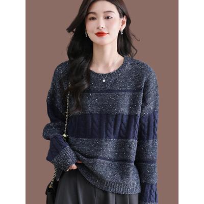 秋冬新款慵懒风圆领亮片毛衣女宽松显瘦羊毛针织打底衫洋气上衣