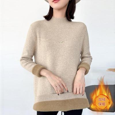 半高领加绒加厚毛衣女秋冬新款宽松大码中长款针织打底衫保暖上衣