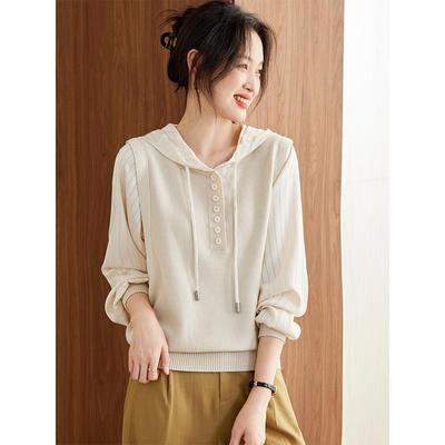 上衣女2025秋季新款爆款连帽宽松短款针织衫气质女士休闲长袖t恤