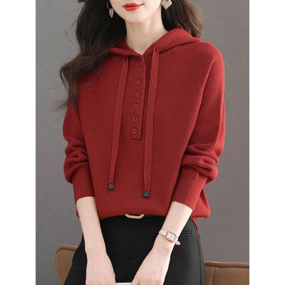 早秋季女士连帽红色针织卫衣2025新款春秋中年妈妈小个子打底上衣