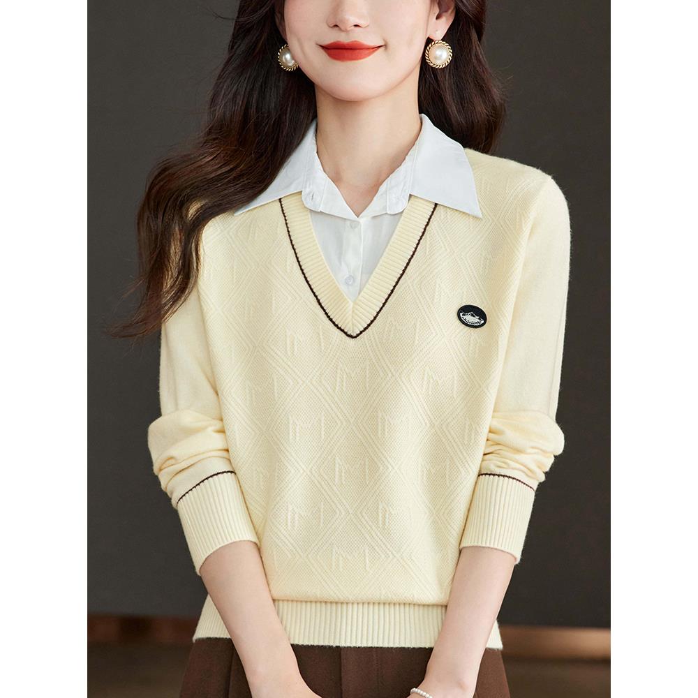学院风假两件衬衫领针织衫女米色V领百搭显瘦时尚毛衣上衣打底衫