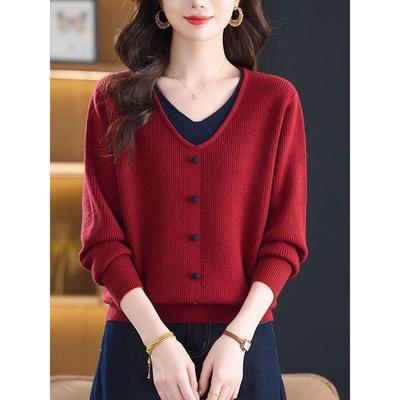 2025秋冬新款假两件毛衣女设计感小众V领内搭打底衫宽松针织上衣