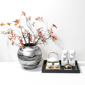 新中式 饰样板房客厅茶室茶桌玄关花i. 轻奢手绘银山陶瓷花瓶托盘装