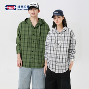 【敖瑞鹏代言】捷尼拉莫格子衬衫男连帽衬衣慵懒风男女情侣上衣M