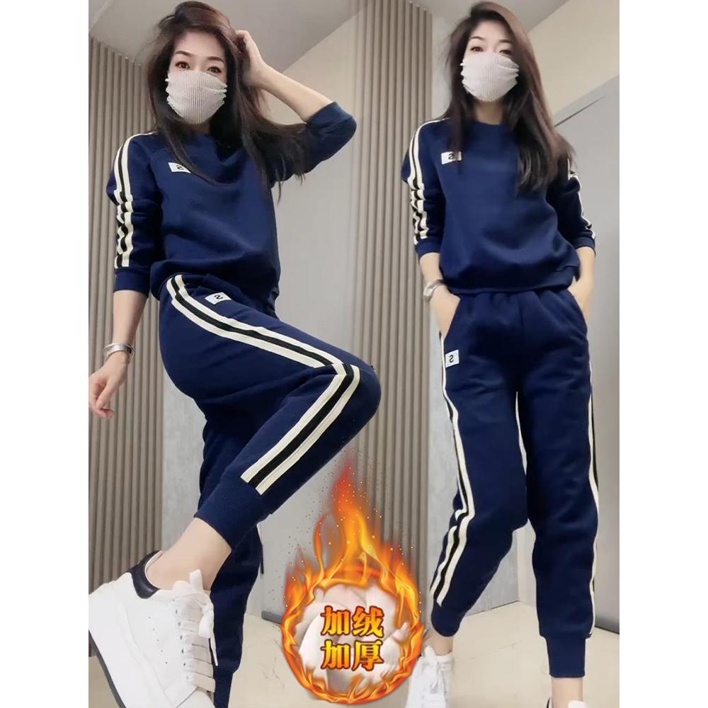 流行休闲运动服套装女2025冬季新款加绒加厚卫衣高腰束脚裤两件套