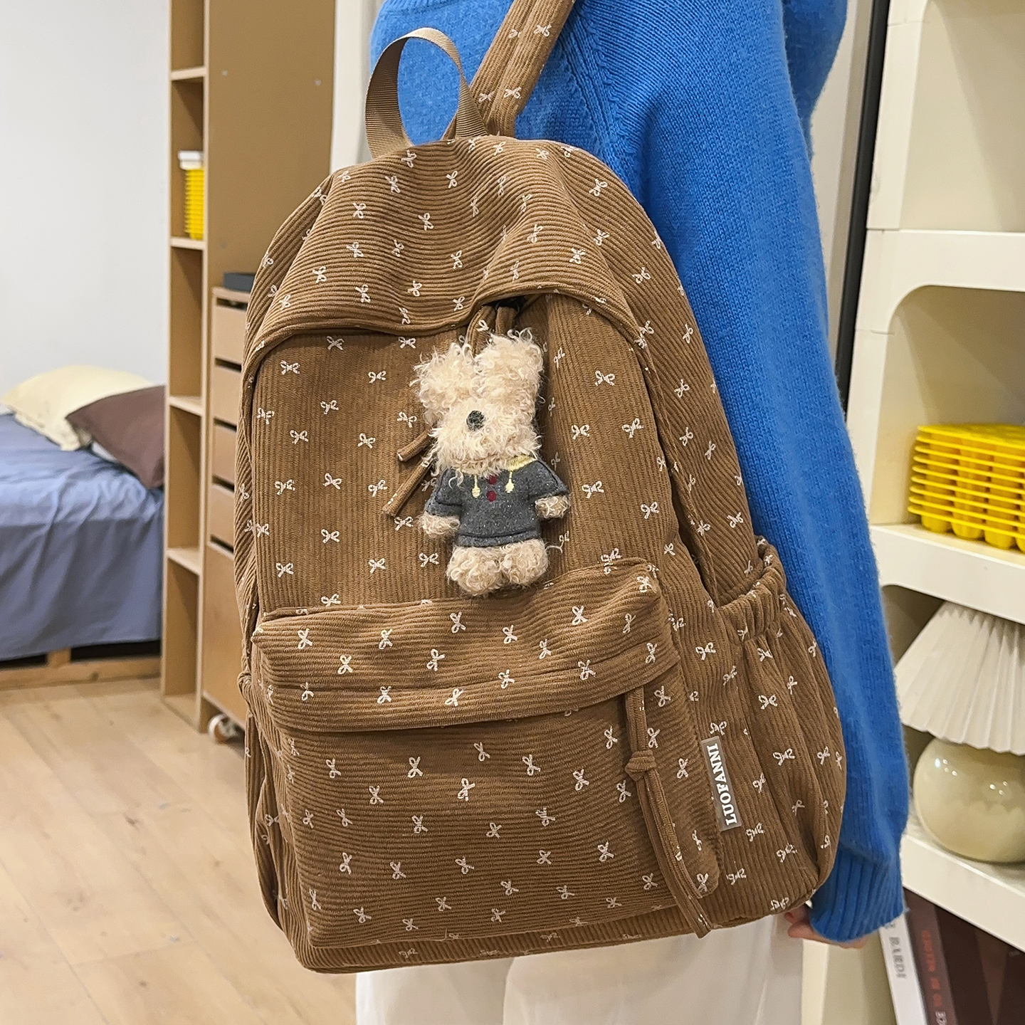 复古灯芯绒蝴蝶结双肩包