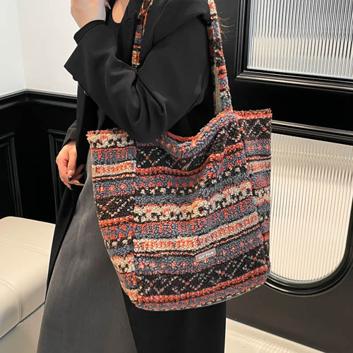 双面毛绒编织大容量单肩托特包