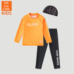 韩国儿童荧光橙色泳衣分体长袖 青少年女童男童防晒沙滩游泳衣 长裤