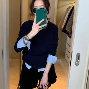 百搭衬衫 大码 领毛衣女装 针织修身 上衣 ins干练风 假两件打底衫 秋季
