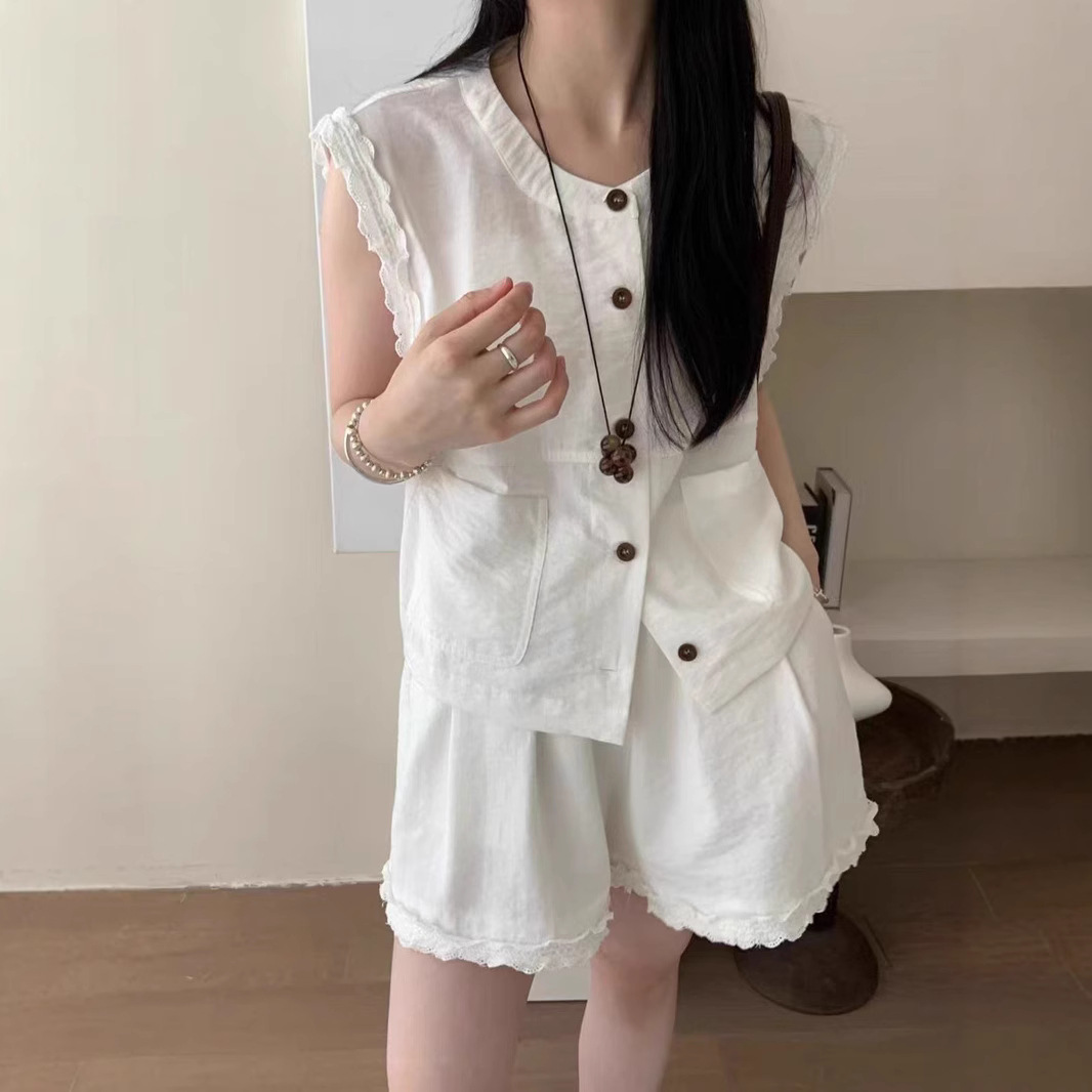 韩系两件套2025夏新款花边拼接背心马甲+气质显瘦休闲短裤女套装