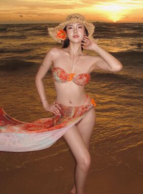 【水半SHUIBAN】巨出片设计感绝美橙色比基尼套装高级沙滩裙显瘦