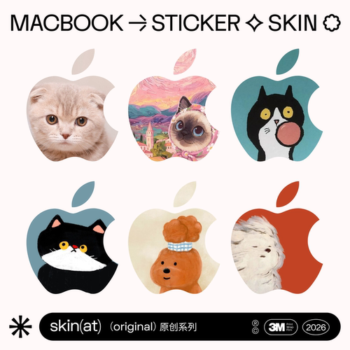 SkinAT适用苹果电脑萌宠喵颜贴 Pro16小众萌宠动物风logo贴纸  MacBook Air15清新可爱卡通猫咪苹果装饰贴